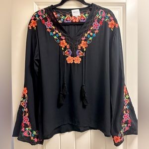 Misa Los Angeles Floral Embroidered Blouse with Tassels Size Medium